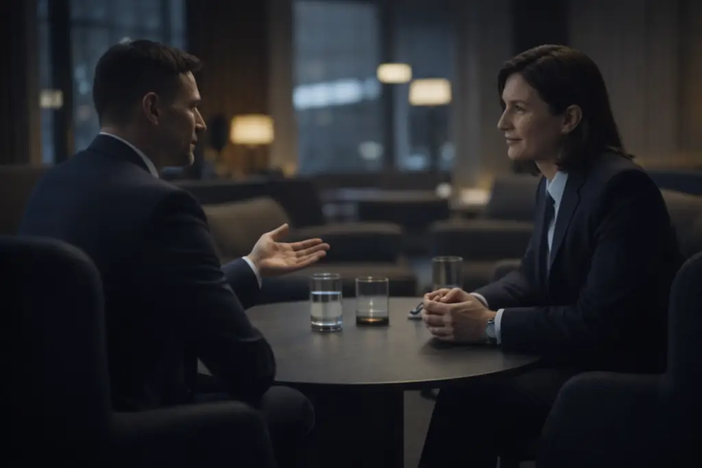 professionelle samtale i loungemiljø